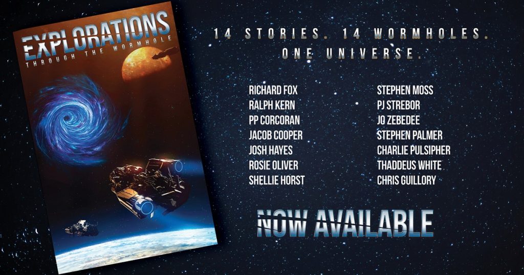 Banner shows starfield background and cover of Through The Wormhole. Image also features the list of authors included in the anthology in a silver-metallic effect font 