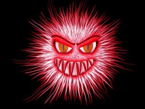 Image of a demon, red beast with fangs and spines.