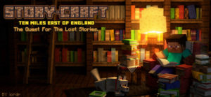 Minecraft Library with "Steve" reading, and a wolf curled up at his feet.