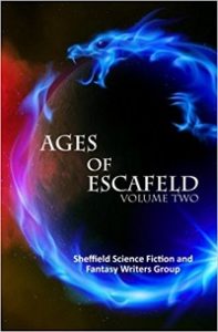 Ages of Escafeld, Volume Two coveer is black with some red smoke detail to the left centre. In the foreground there is a Eastern stylised dragon chasing its tale. With the title in the centre of the circle the fantasy creature makes. The title is white, the dragon is blue. 