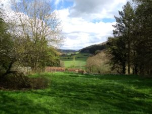 Green hills and fields of Shropshire as viewed from the rear of Arvon's The Hurst.