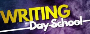 Writing Day School Banner. Purple Galaxy Background with text.