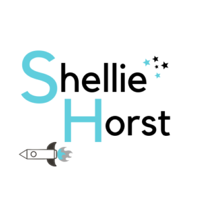 Speculative Fiction Author Logo for Shellie Horst -captials in teal - with Science Fiction Element, Rocket Ship and Fantasy Elements, Stars