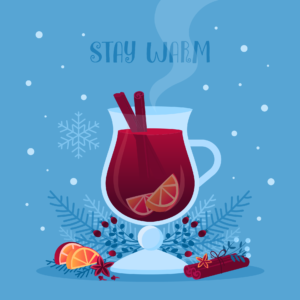 Reconnecting. An Illustration of mulled wine in a glass with cinamon sticks on a blue background