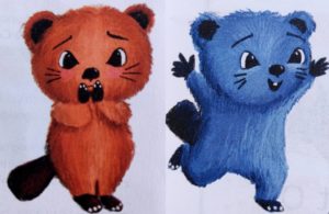 Jasmine Stephenson Illustrations of Bev'n'Ley. Bev, and orange beaver looks worried as Ley, a blue beaver. runs away excitedly.